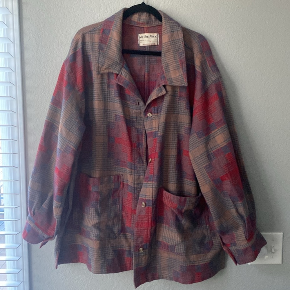 Free People Plaid Shacket in Red, Pink, Blue and Tan - Picture 2 of 7